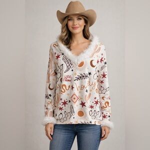 NWT Howdy Faux Fur Trimmed Blouse Top